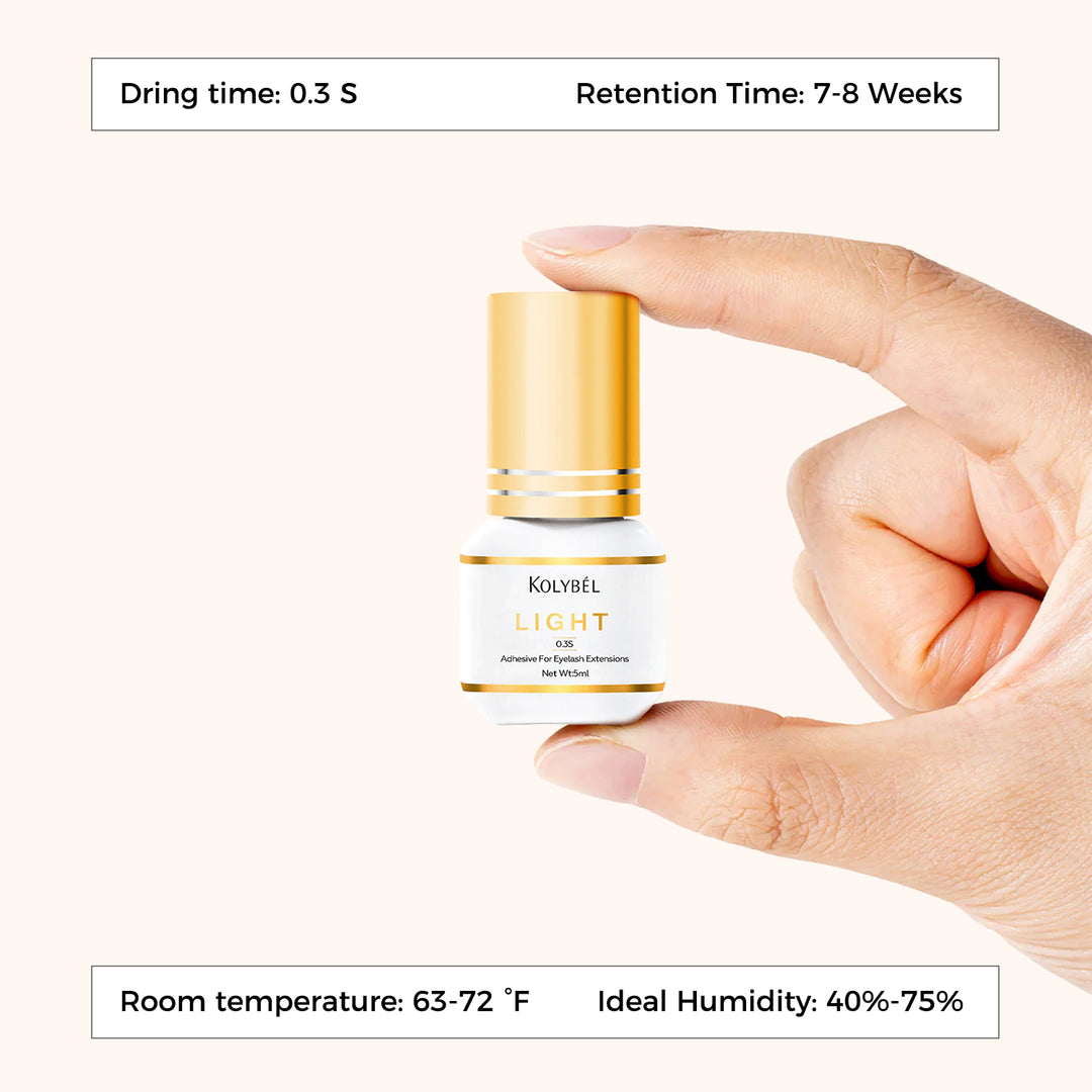 0.3 Second LIGHT Adhesive Eyelash Extension Glue (5ml)-kolybel-This professional eyelash extension adhesive offers ultra-fast 0.3 second drying time and long-lasting retention for experienced lash artists. Its non-toxic formula with glossy black finish is designed for use in controlled salon conditions to create durable, natural-looking lash sets.