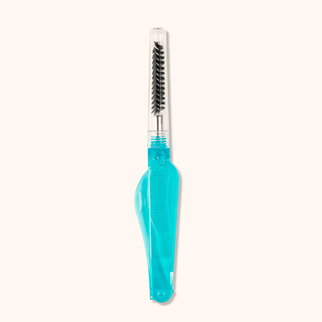 2-in-1 foldable eyelash comb and brow spoolie. Stainless steel teeth + nylon brush, portable design for lash extensions, brow grooming, daily makeup and salon use.