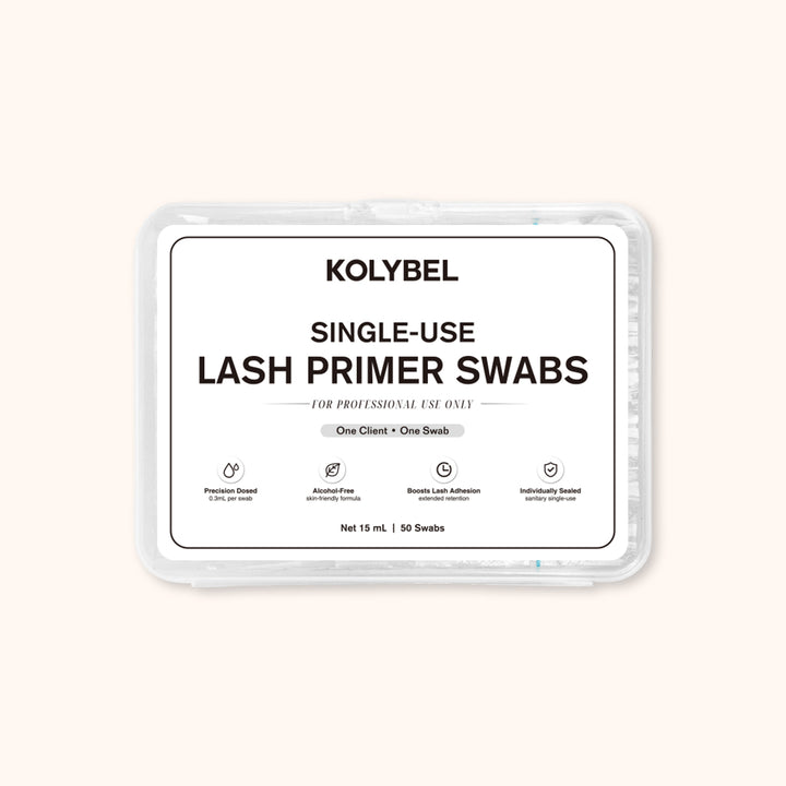 Single-use pre-dosed lash primer swabs. Gentle formula, boosts lash glue adhesion, individually sealed for hygienic professional eyelash extension prep.