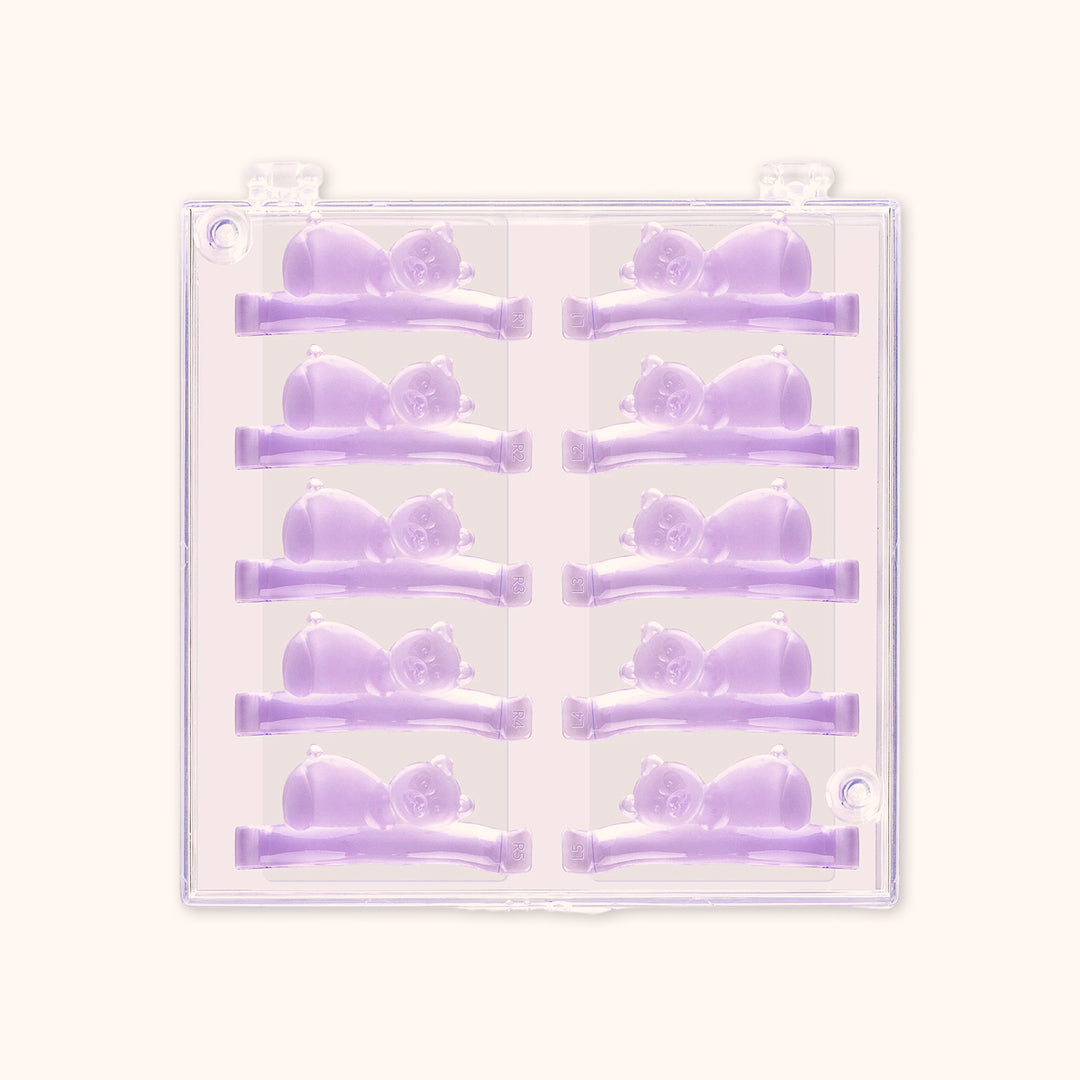 5 pairs reusable silicone lash lift shields with cute teddy bear design. 5 sizes for all eye shapes, soft snug fit, ideal for professional lash perm and lamination services.