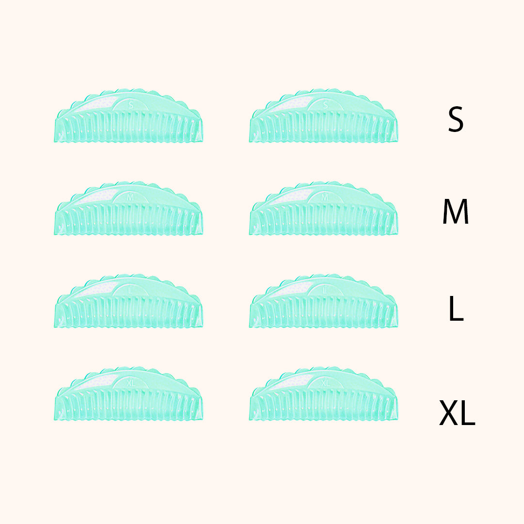 Professional reusable silicone lash lift pads in 4 sizes & 3 colors. Skin-friendly material with groove design for even curls, salon lash lift services.