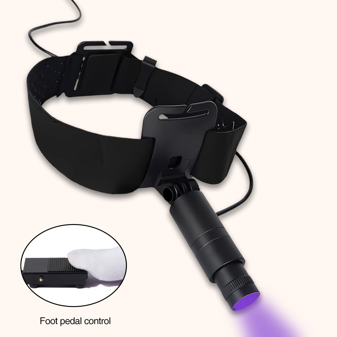 KOLYBEL UV LED Headlamp for Lash Extensions, Adjustable Beam Head Light with Foot Pedal Control, Professional Lash Curing Lamp with US/EU/UK Plug Options.