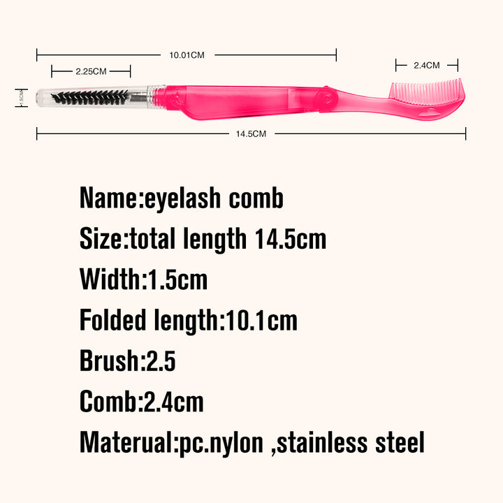 2-in-1 foldable eyelash comb and brow spoolie. Stainless steel teeth + nylon brush, portable design for lash extensions, brow grooming, daily makeup and salon use.