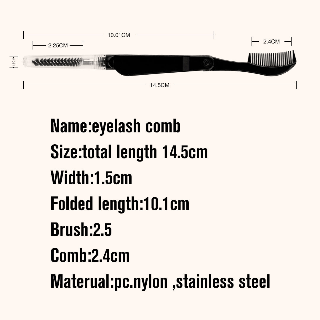 2-in-1 foldable eyelash comb and brow spoolie. Stainless steel teeth + nylon brush, portable design for lash extensions, brow grooming, daily makeup and salon use.