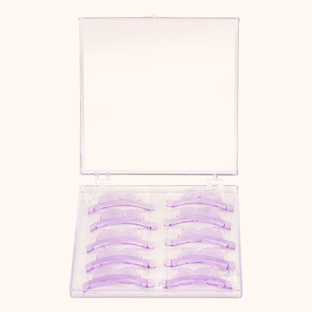 5 pairs reusable silicone lash lift shields with cute teddy bear design. 5 sizes for all eye shapes, soft snug fit, ideal for professional lash perm and lamination services.