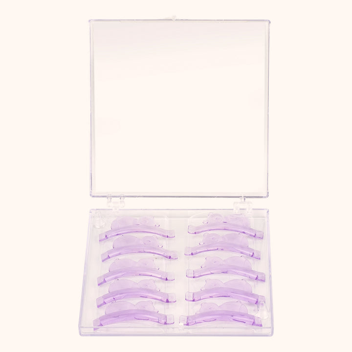 5 pairs reusable silicone lash lift shields with cute teddy bear design. 5 sizes for all eye shapes, soft snug fit, ideal for professional lash perm and lamination services.