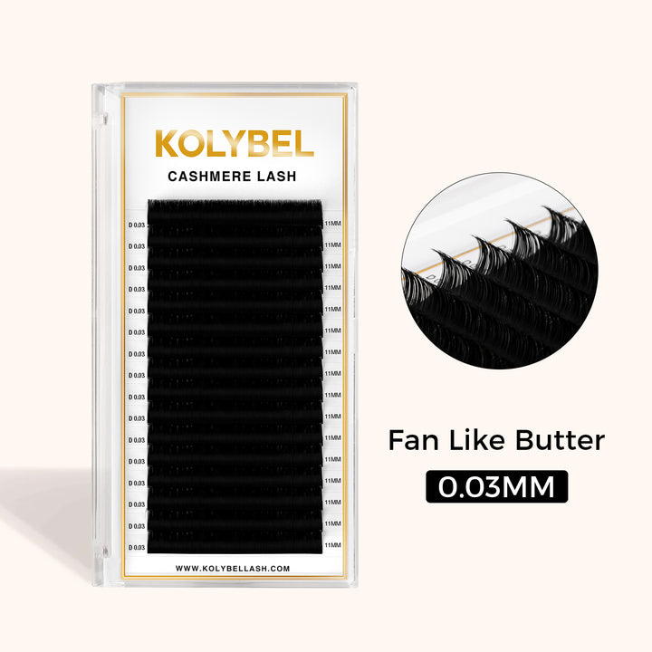 KOLYBEL LASH Cashmere Lash Extensions 0.03mm(16Rows)，matte and feather light look.Fan like butter
