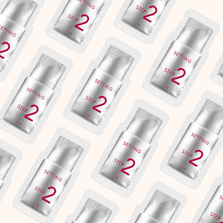 Professional 3-step keratin lash lift sachets in hygienic single-use packaging. Available in 5/10 packs with perm/setting/nourish options.