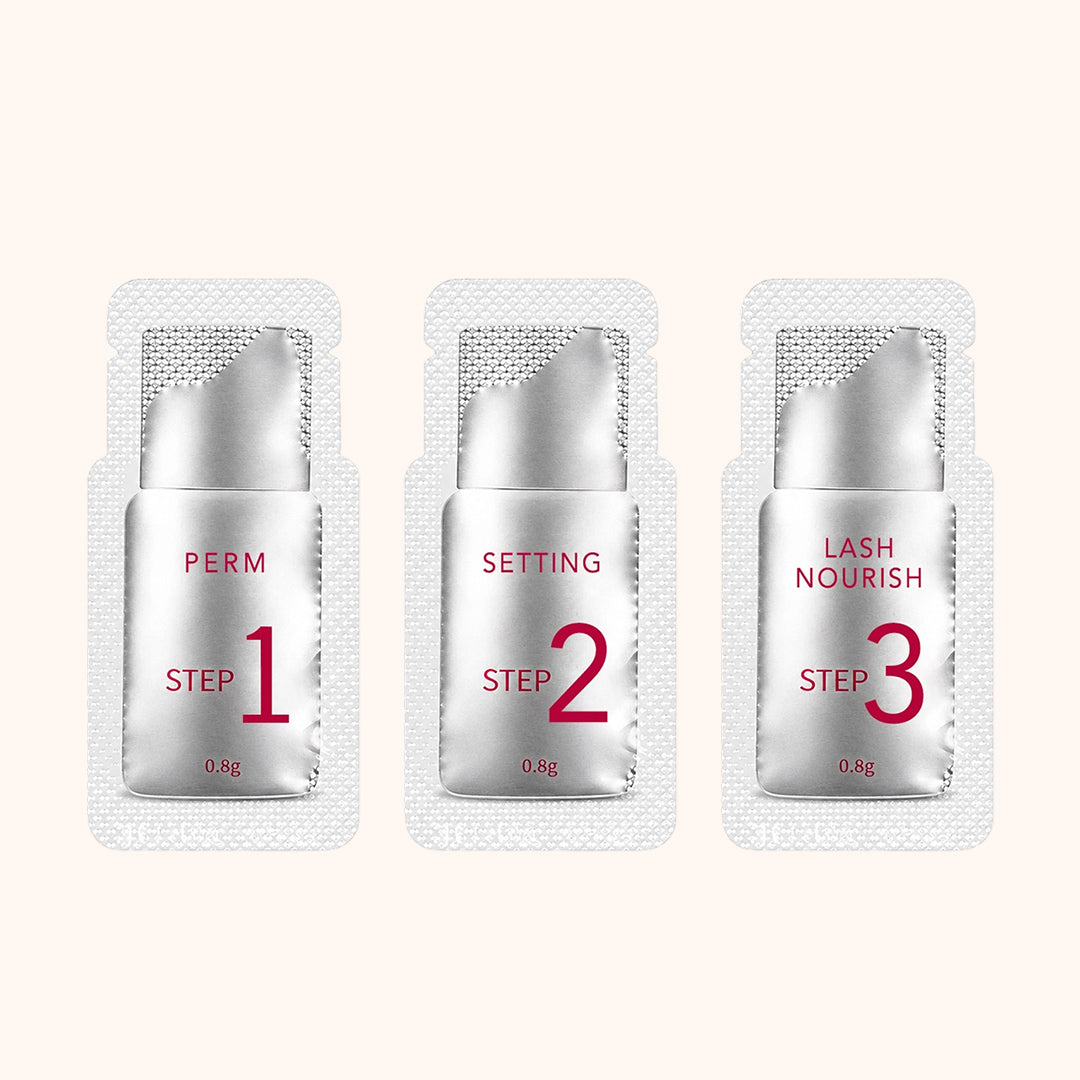Professional 3-step keratin lash lift sachets in hygienic single-use packaging. Available in 5/10 packs with perm/setting/nourish options.